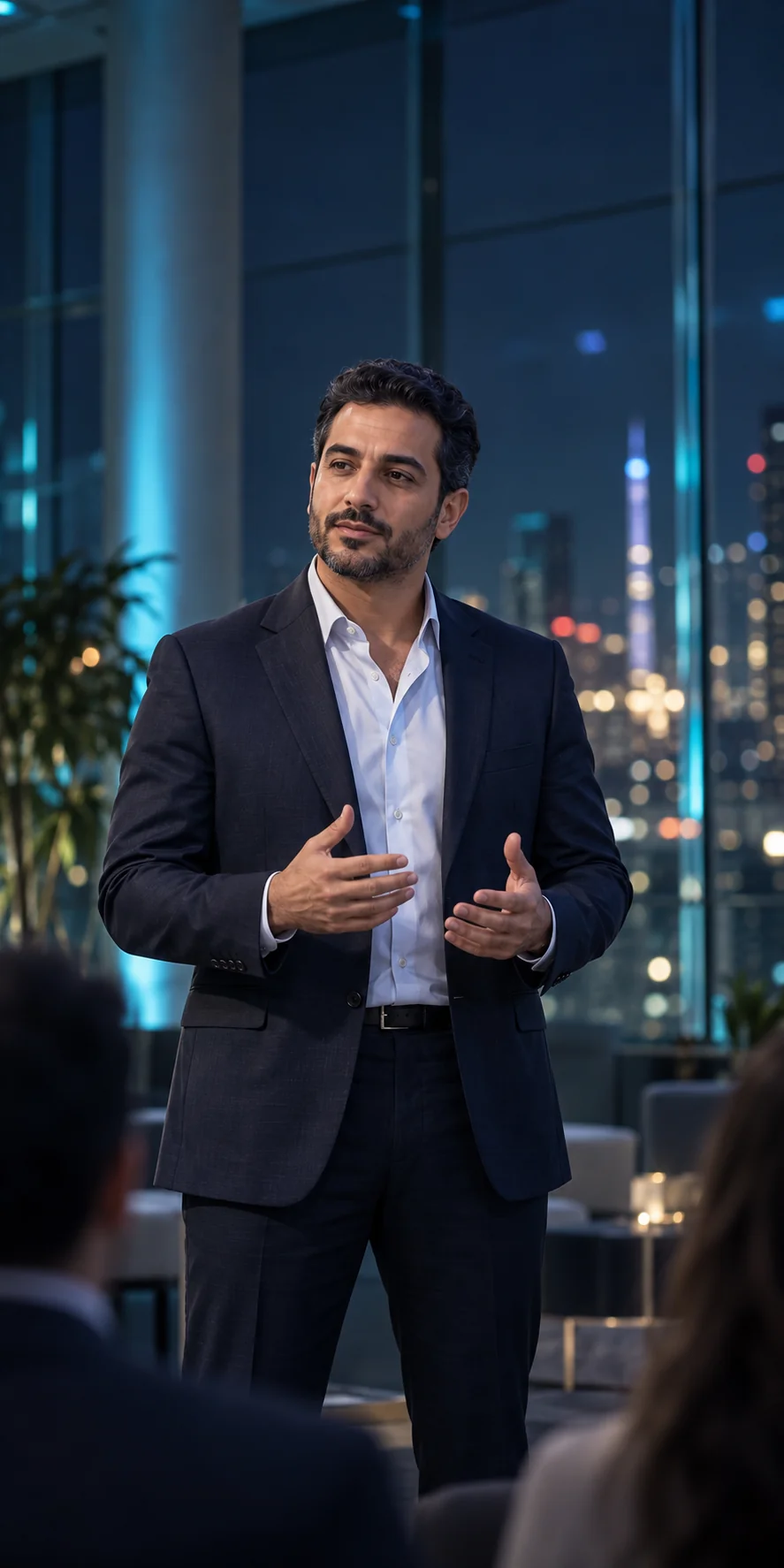 An expert speaking confidently to a small audience in a glass space overlooking the city at night