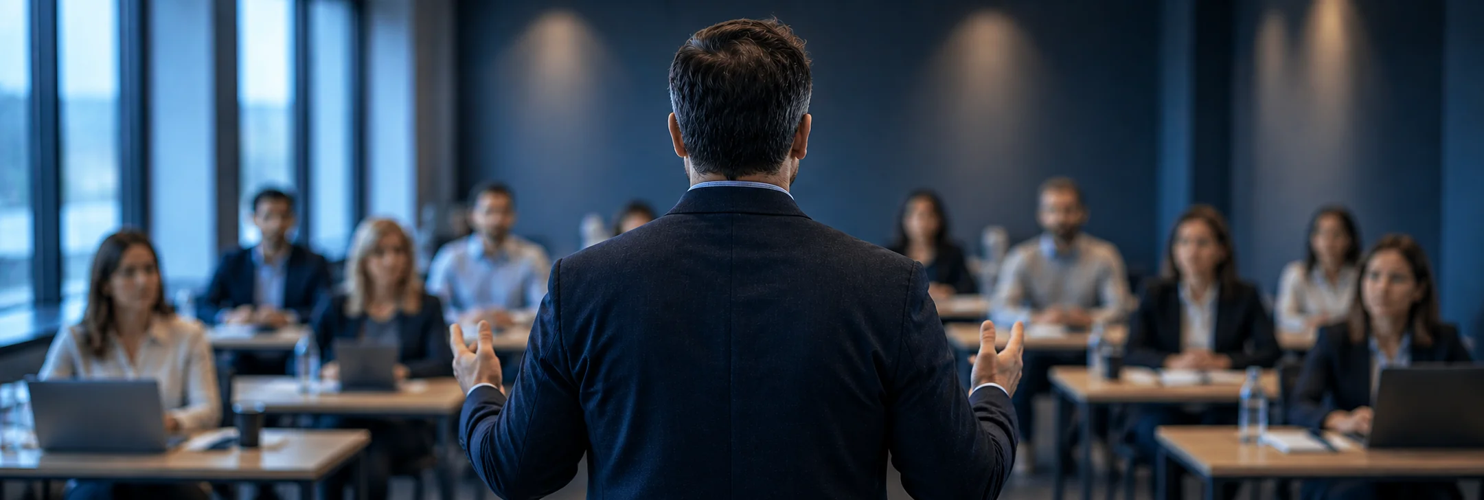 Generated training scene: a trainer at the center, seen from behind, facing a small group in a quiet room