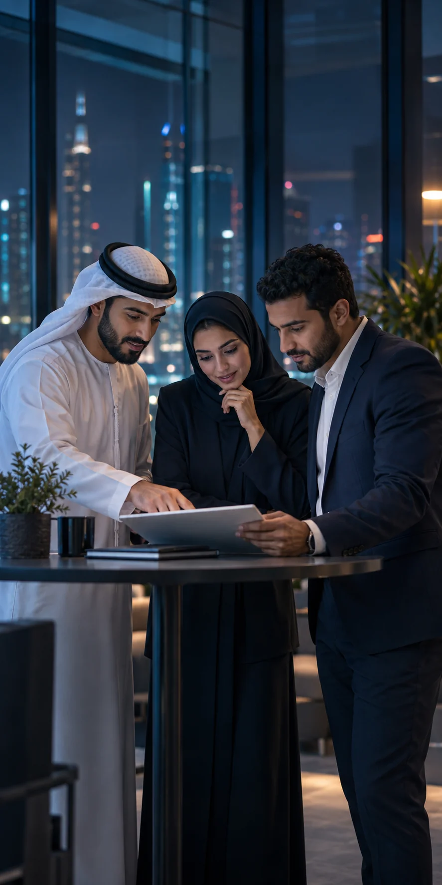 A professional team reviewing a shared plan around a table in a glass office with navy and sky-blue lighting